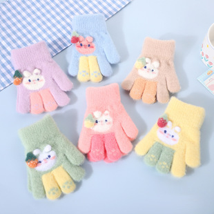 Autumn and Winter Mink Velvet Super Cute Cute Strawberry Rabbit Thickened Comfortable Warm Cold-proof Knitted Finger Gloves for Primary School Students