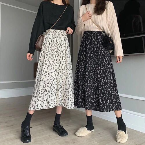 Petite floral half-body skirt, fairytale-like, slenderizing, new 2025 model, versatile, knee-length, high-waisted, long written skirt