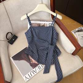 性感辣妹显瘦格子吊带上衣女2026夏季新款收腰绑带洋气百搭背心潮