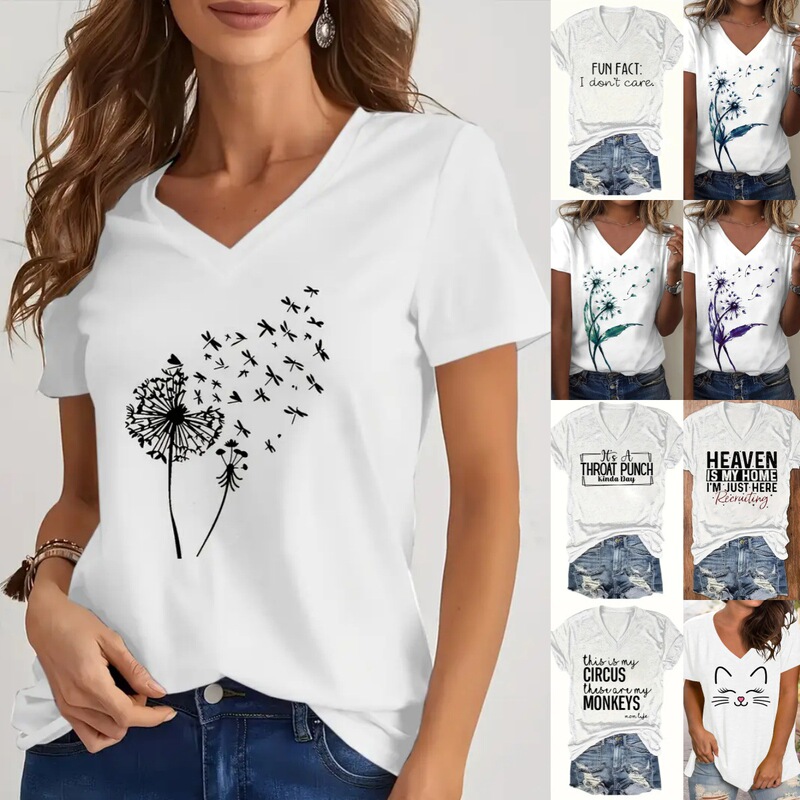 Cross-border EBAY AliExpress Amazon Women's V-neck One Piece to Figure Women's European and American Loose V-neck Short-sleeved T-shirt Cross-border EBAY AliExpress Amazon Women's V-neck One Piece to Figure Women's European and American Loose V-neck Short-sleeved T-shirt