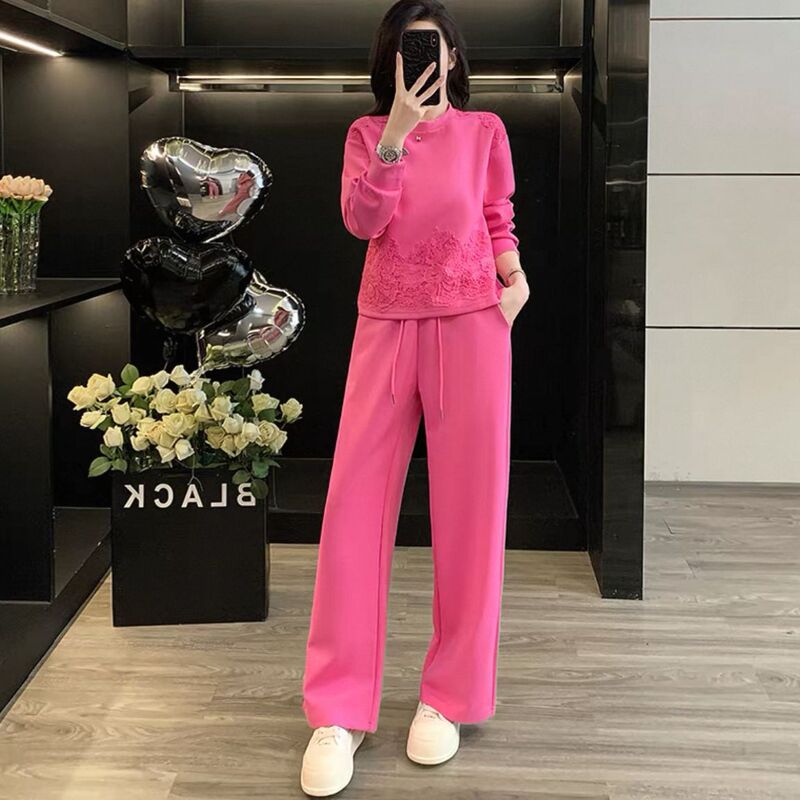 Street-Style High-End Casual Sports Suit for Women 2025 Autumn Style Rose Red Long-Sleeved Top Wide-Leg Pants Two-Piece Set