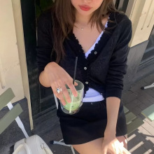 生C2025秋季新款韩版tan*at宽松纯色V领显瘦蕾丝褶皱边针织开衫女