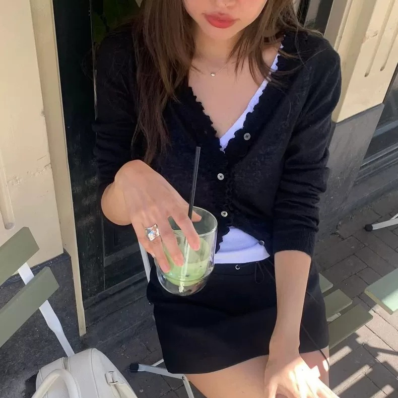 In Stock 2026 Spring New Korean Style Tan*At Loose Solid Color V-Neck Slimming Lace Ruffle Edge Knit Cardigan