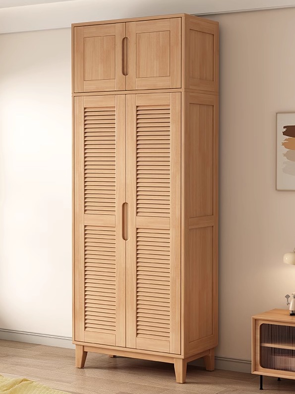 Nordic Japanese Style Solid Wood Louvered Wardrobe Two, Three or Four Doors Home Bedroom Double Door Wardrobe Hanging Wardrobe