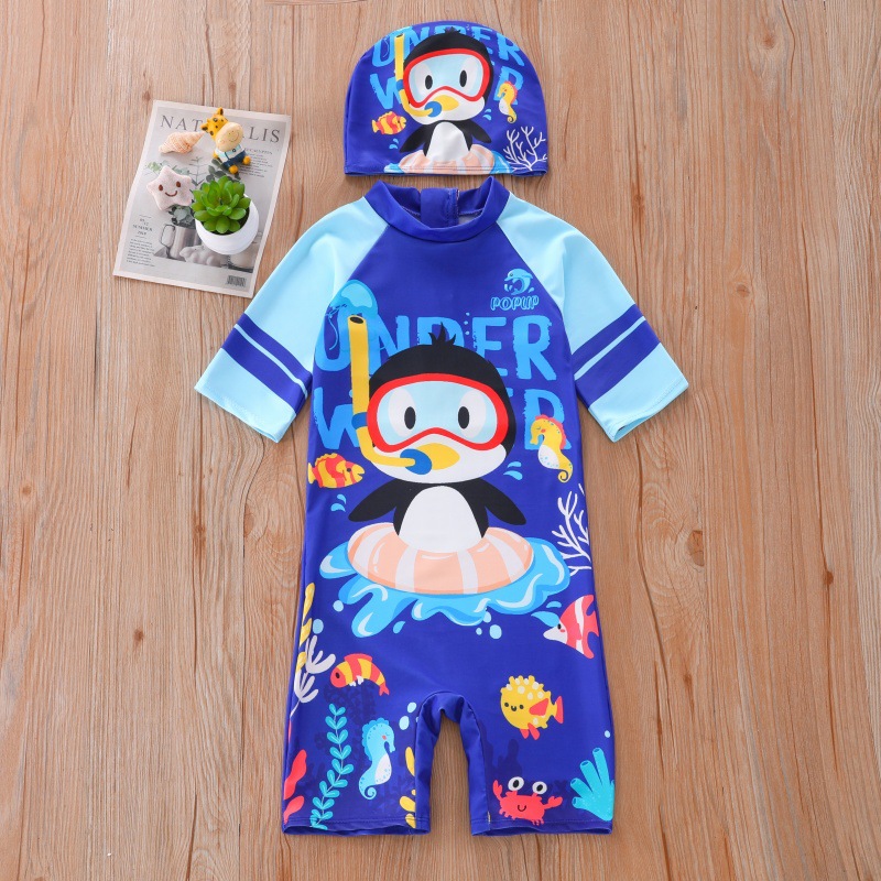 Nuevo traje de baño para niños, traje de baño para niños de una pieza para niños de mediana edad, traje de baño de pingüino pequeño de dibujos animados del tesoro para hombres, protector solar UPF50