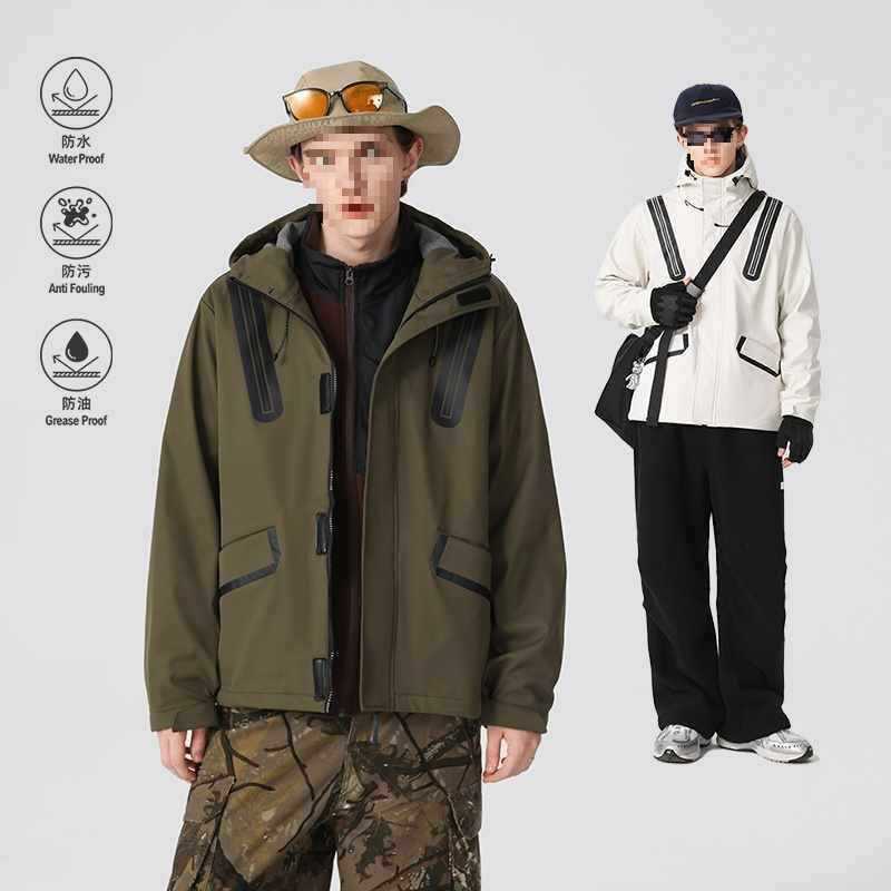 Outdoor Soft Shell Jacket Men's Autumn and Winter Thickeneded Windproof and Waterproof Hooded Jacket Black Pink Gray Non-Military Color