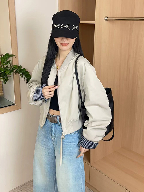韩系格纹拼接袖口立领棒球服外套女2025秋季时尚休闲百搭夹克上衣|undefined