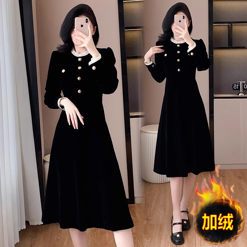 French-Style High-End Hepburn-Style Velvet Dress, High-End Exquisite Autumn New Waist-Slimming Dress, Little Black Dress