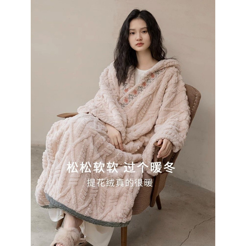 珊瑚绒睡袍女冬季日系加厚斗篷披肩加长款睡衣披风浴巾冬天外套