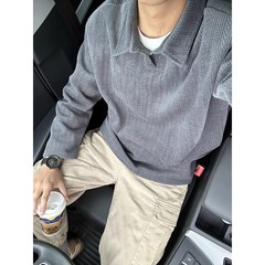 美式灰色长袖t恤男春秋穿搭衬衫领麦穗纹卫衣重磅潮牌翻领polo衫