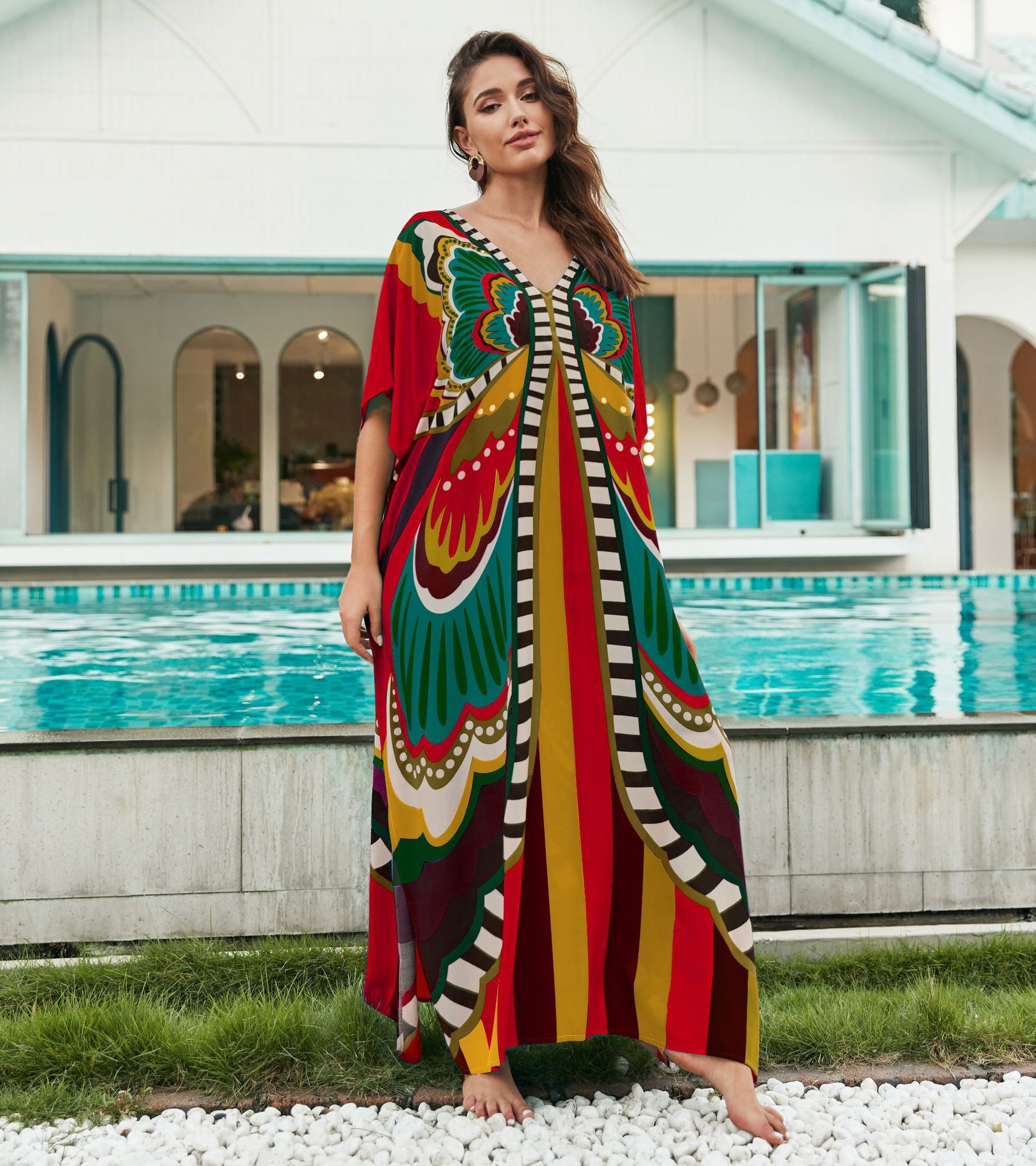 Rochie de plajă lungă kimono dama boho viscoză tie-dye_voghion.com