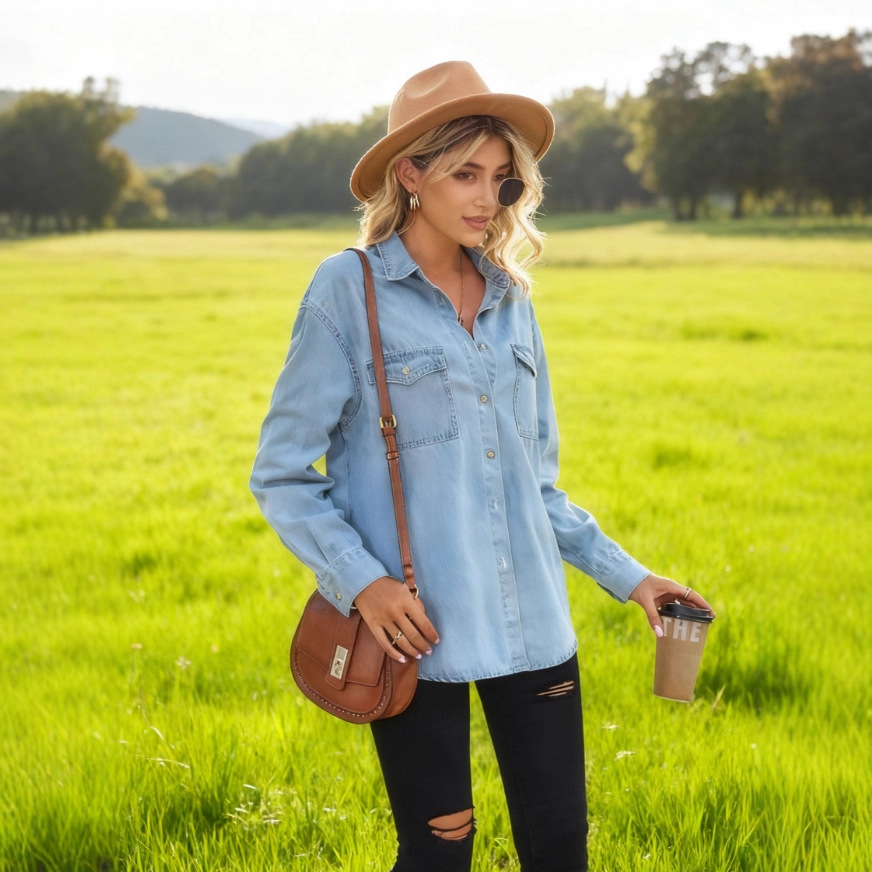 Cross-Border European and American New Amazon Aliexpress Casual Fashion Loose Shirt Washed Denim Jacket Shirt for Women