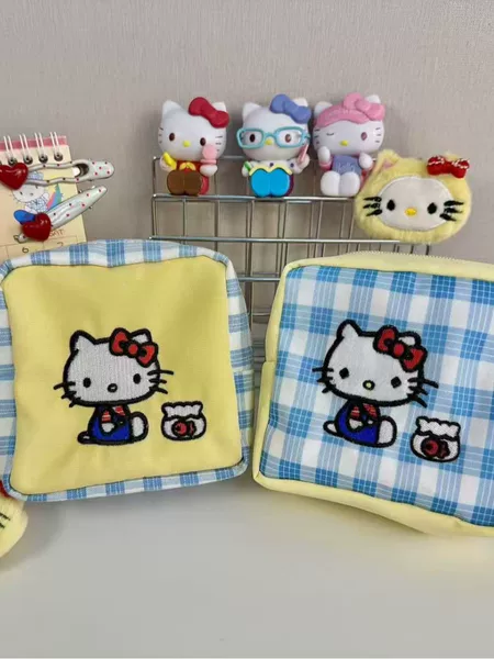2025 New Cute Kitty Plaid Canvas Storage Bag Korean Style Polaroid Portable Large Capacity Cosmetic Bag