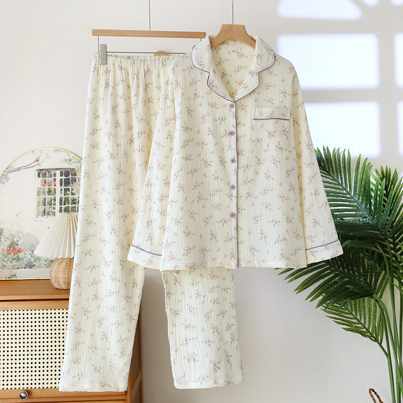 Crepe Lapel Pajamas suit Women's Four-season Thin Long-sleeved Trousers Cotton Double-layer Gauze Home Wear Set