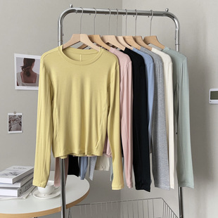 Dopamine Macaron STereo PaTchwork Mousse SofT and Waxy Spring & Fall Round Neck Ribbed Long-sleeved STreTch T-shirT BoTToming ShirT