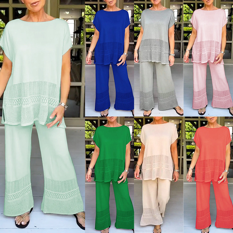 Hot Selling Amazon Two Piece Set Women's Casual Fashion Suit Hollow Out Top Loose Elastic Elastic Waist Trousers