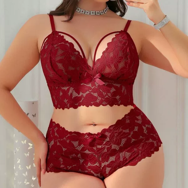 Cross-Border Amazon European and American Lace Slim Bra Set See-Through Pajamas Temptation Underwear Large Size Home Wear for Women