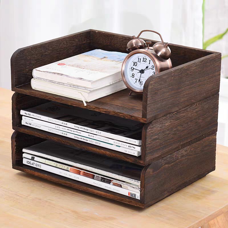 Cross-Border Retro Solid Wood File Rack Three-Layer Storage Box Office Desktop File Storage Rack Organizer Multi-Layer
