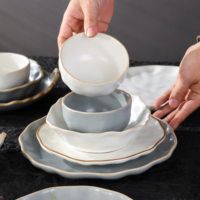 Cross-Border Ceramic Tableware Rice Bowl Japanese Stoneware Horn Bowl Large Ramen Bowl Restaurant Salad Bowl 2024 New Style