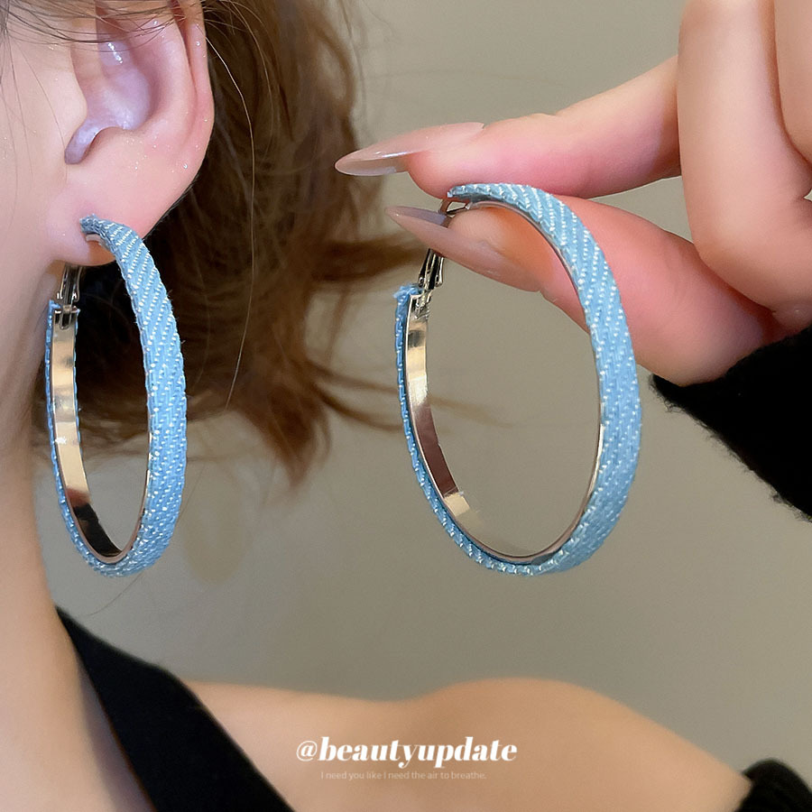 Silver Needle Fabric Denim Geometric Round Pendant Hoop Earrings Korean Fashion Simple Earrings Niche Design Earrings