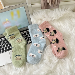 水貂絨襪子女秋冬季加厚加絨保暖卡通睡眠襪毛絨月子襪冬天長中筒