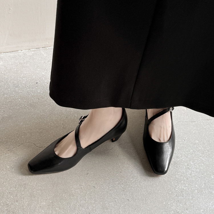First-Layer Cowhide Designer Square-Toe Mary Jane Commuter Shoes for Women, Chunky Low-Heeled Elegant High-Heeled Shoes for Women