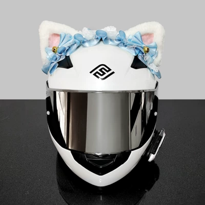 Motosiklet dəbilqələri ears, sweet helmet decoration - no-helmet-white-eared-blue-silk-lolita-headband-white-tail