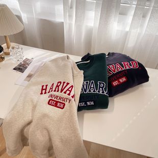 Korean Dongdaemun Round Neck Sweatshirt Cotton Pullover Lettered Fleece Oatmeal Color Casual Oversized Women's Fleece Thickened