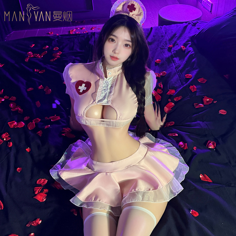 Manyan Sexy Lingerie for Women, Pure Desire Private Nurse Outfit, Sexy Hollow-Out Uniform, Tempting Puffy Short Skirt 100672