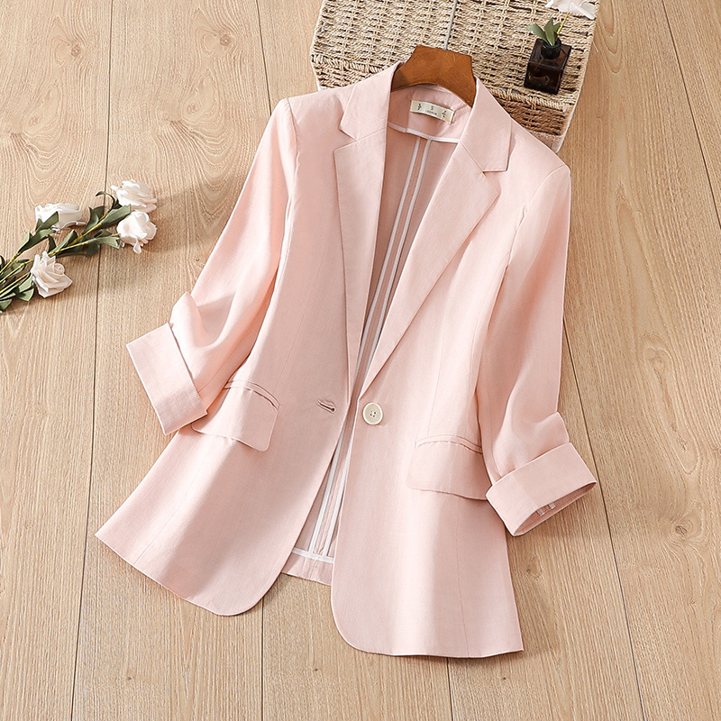 Three-Quarter Sleeve Pink Blazer for Women, Summer Casual, Petite, High-End Feel, Thin, Slim-Fit, Waist-Cinching, Small Suit for Summer