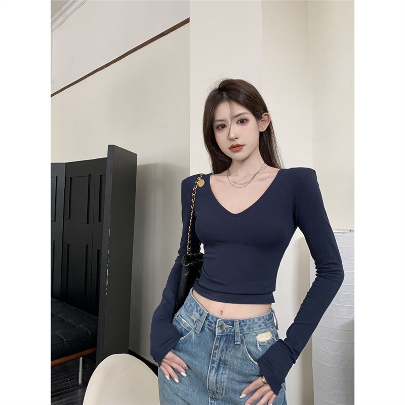 【260G Rayon Modal】Simple V-Neck Long-Sleeve T-Shirt with Shoulder Pads, Slim Fit Versatile Base Shirt with Regular Shoulders 【260G Rayon Modal】Simple V-Neck Long-Sleeve T-Shirt with Shoulder Pads, Slim Fit Versatile Base Shirt with Regular Shoulders