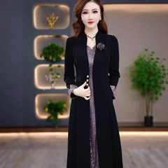 金玫瑰假两件连衣裙女秋季2025新款显瘦拼接长袖妈妈装过膝a字裙