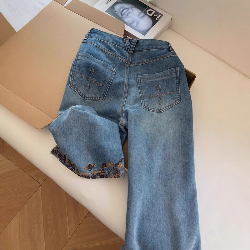 新しい中国風のハイエンド刺繍ブルーナローストレートソフトデニムパンツ女性の夏薄いルーズ 8 点パンツ|undefined