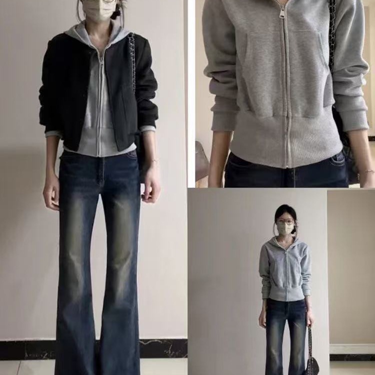 灰色短款连帽卫衣外套拉链秋秋秋冬美式新款小个子收腰开衫上衣