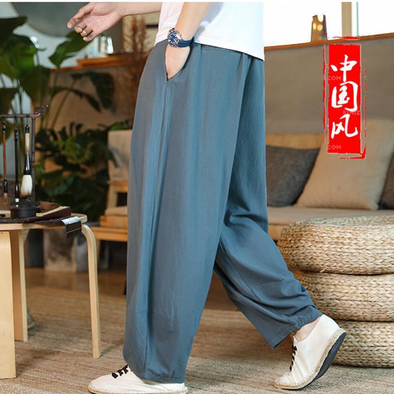 Pantalones anchos de primavera y verano, pantalones casuales de lino de algodón gordo para hombres, pantalones holgados de entrepierna grande, pantalones de lino de tendencia de estilo chino, más grasa