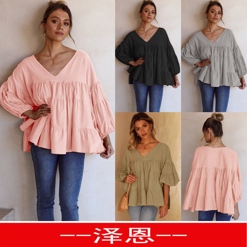 Spring and Autumn 2022 Cross-border Amazon wish New Hot Selling V-neck Loose Stitching Solid Color Doll Shirt