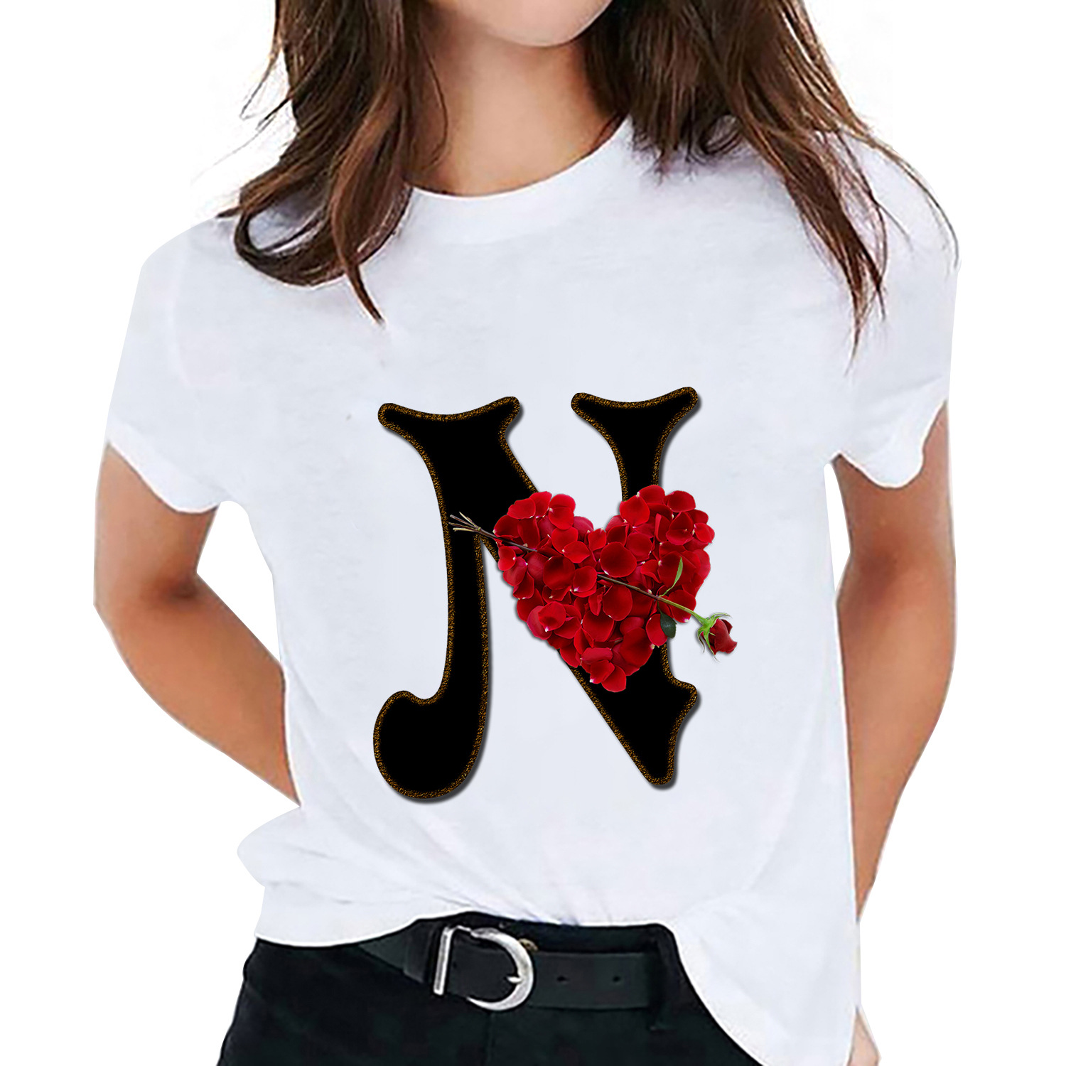 Regular Fit Fit Type Letter, Heart Shape Pattern Summer, Spring, Autumn Season Wholesale Women'S Fashion Letter Heart Shape Short Sleeve Printing T-Shirts