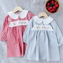 日单女童连衣裙长袖娃娃格子衣服裙子宝宝可爱小木马童裙