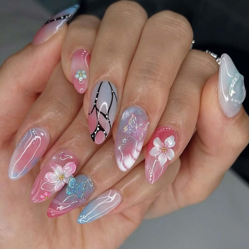 Diamantes transfronterizos nueva armadura portátil 3D en relieve tridimensional flor mariposa uñas postizas 24 piezas manicura al por mayor