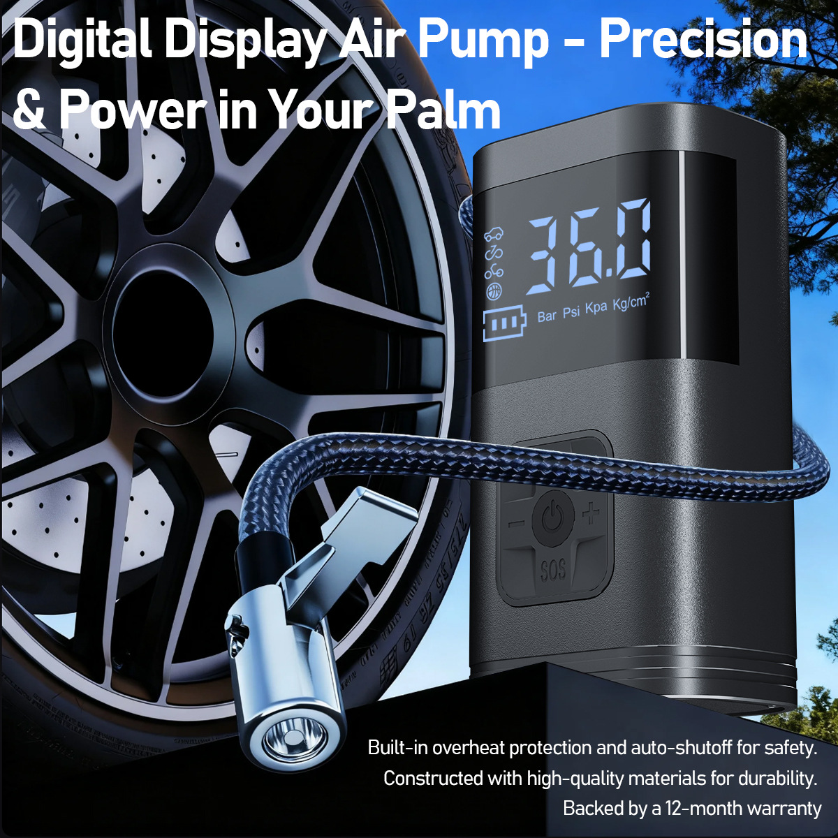 Digital display portable car tire inflator, vehicle-mounted emergency inflating and starting all-in-one machine, multifunctional inflator