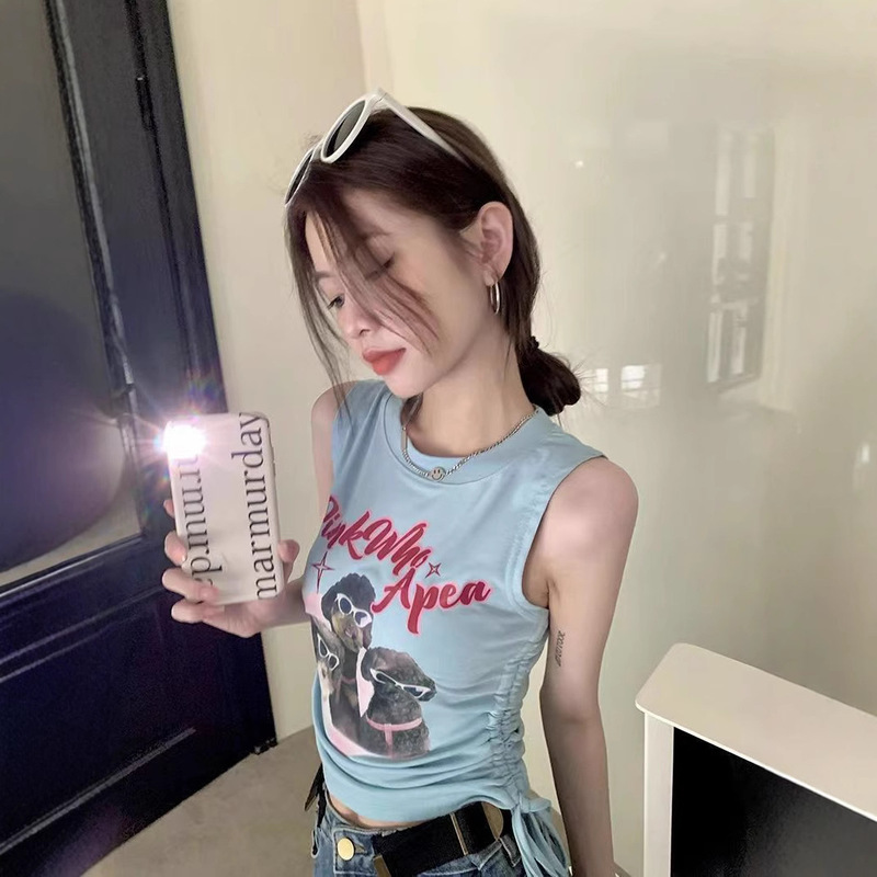 Sweet and Spicy Short Vest T-shirt Women's Summer Pure Cotton Printed Navel Camisole Bilateral Drawstring Design Top Trendy