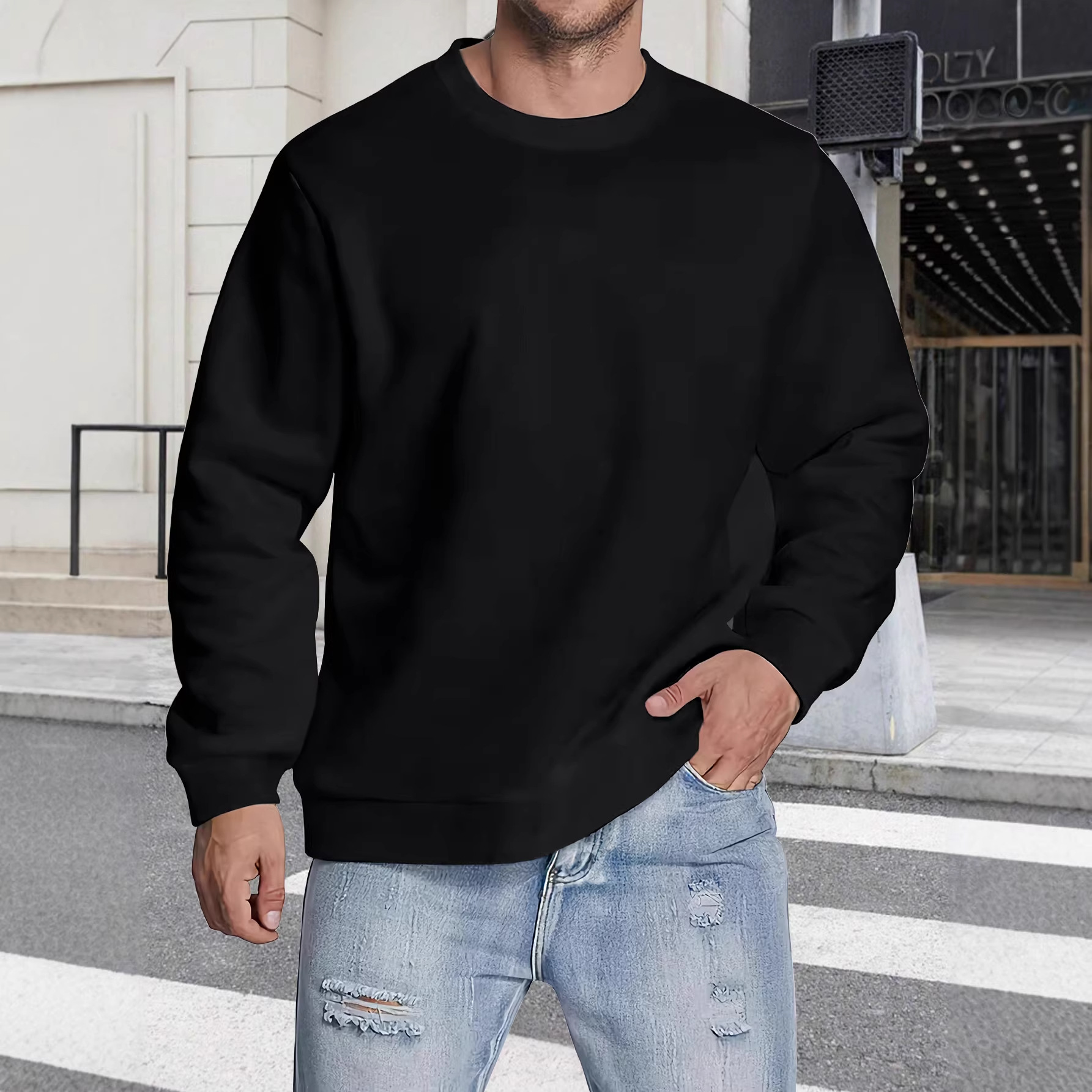 Men's Solid Color Blank Sports Crew Neck Pullover Sweatshirt Long Sleeve Casual Fashion Commuting Versatile Standard Thickness Polyester_voghion.com