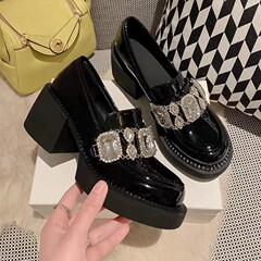 圆头增高厚底小皮鞋女2025新款小众高跟粗跟JK单鞋英伦水钻乐福鞋