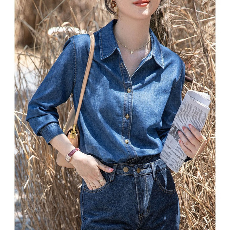 No hem dark blue soft Denim shirt women's spring 2025 new inner lap long sleeve shirt coat top