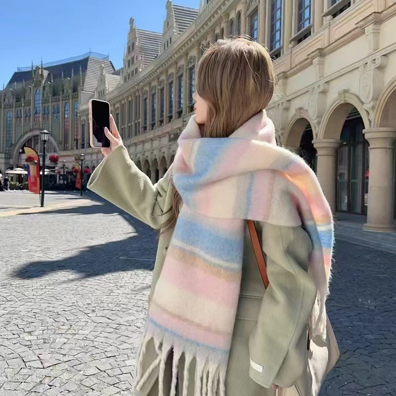 Écharpe en mohair douce et moelleuse de couleur unie pour femme, châle chaud et épais en cachemire polyvalent, nouvelle collection automne hiver_voghion.com