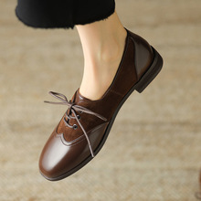 文艺英伦风羊皮绒面拼接布洛克小皮鞋2024春低跟圆头真皮系带单鞋