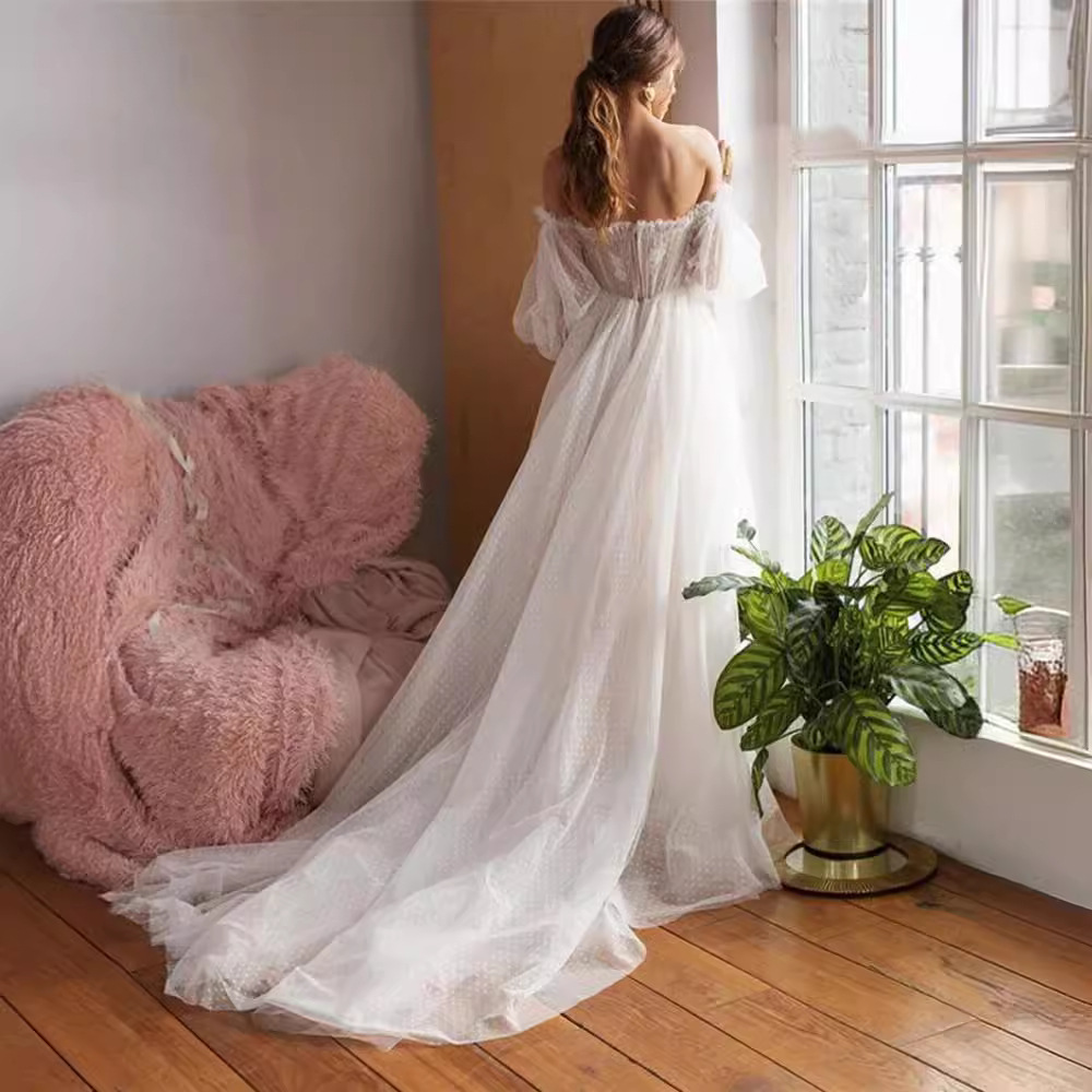 Vestido de Novia Elegante de Encaje con Mangas Abullonadas y Cola Corta de Tul, Estilo Europeo y Americano, para Comercio Exterior en Amazon y AliExpress
