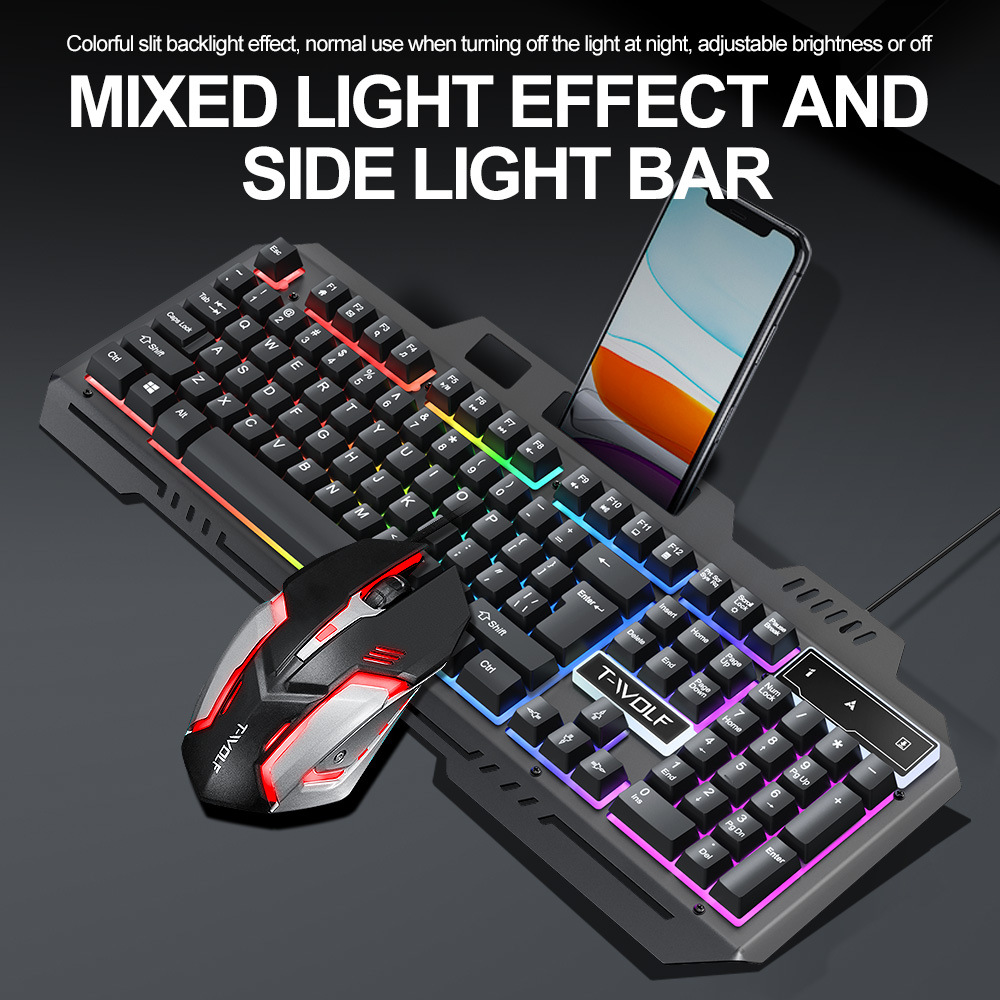 T-WOLF Thunderwolf TF600 juego teclado ratón conjunto de hierro de metal luminoso soporte de teléfono móvil de deportes electrónicos teclado