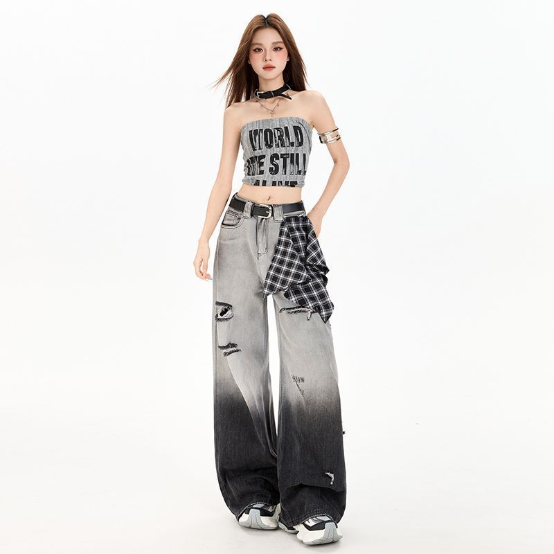 2025新款黑灰色渐变辣妹美式复古高街破洞牛仔裤女夏薄款阔腿宽松|undefined