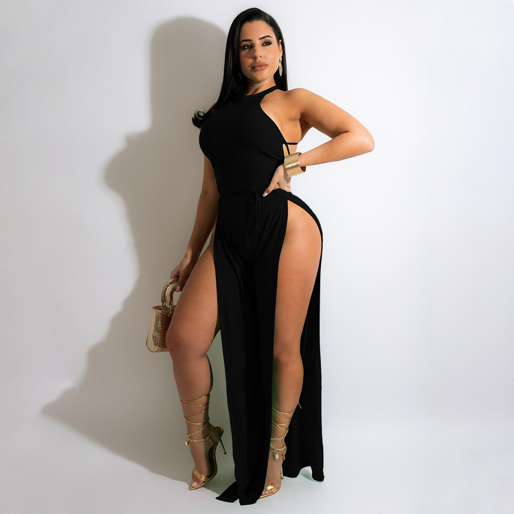 sleeveless lace-up backless high slit solid color jumpsuit NSMYF125026